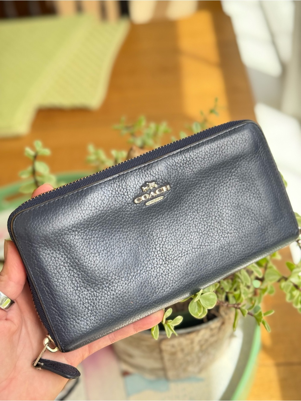 Coach Navy Pebbled Leather Zip-Around Wallet with Gold Logo